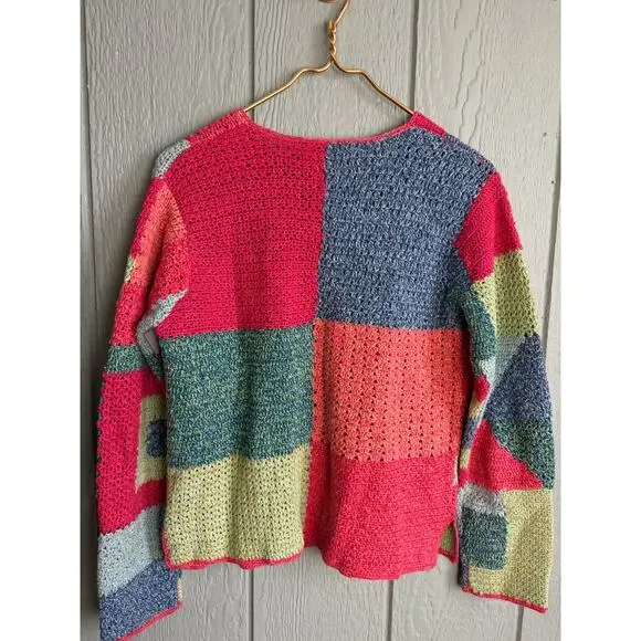 Vintage 2002 Susan Bristol Hand Knit Patchwork Crochet Cardigan Sweater M - Picture 7 of 7